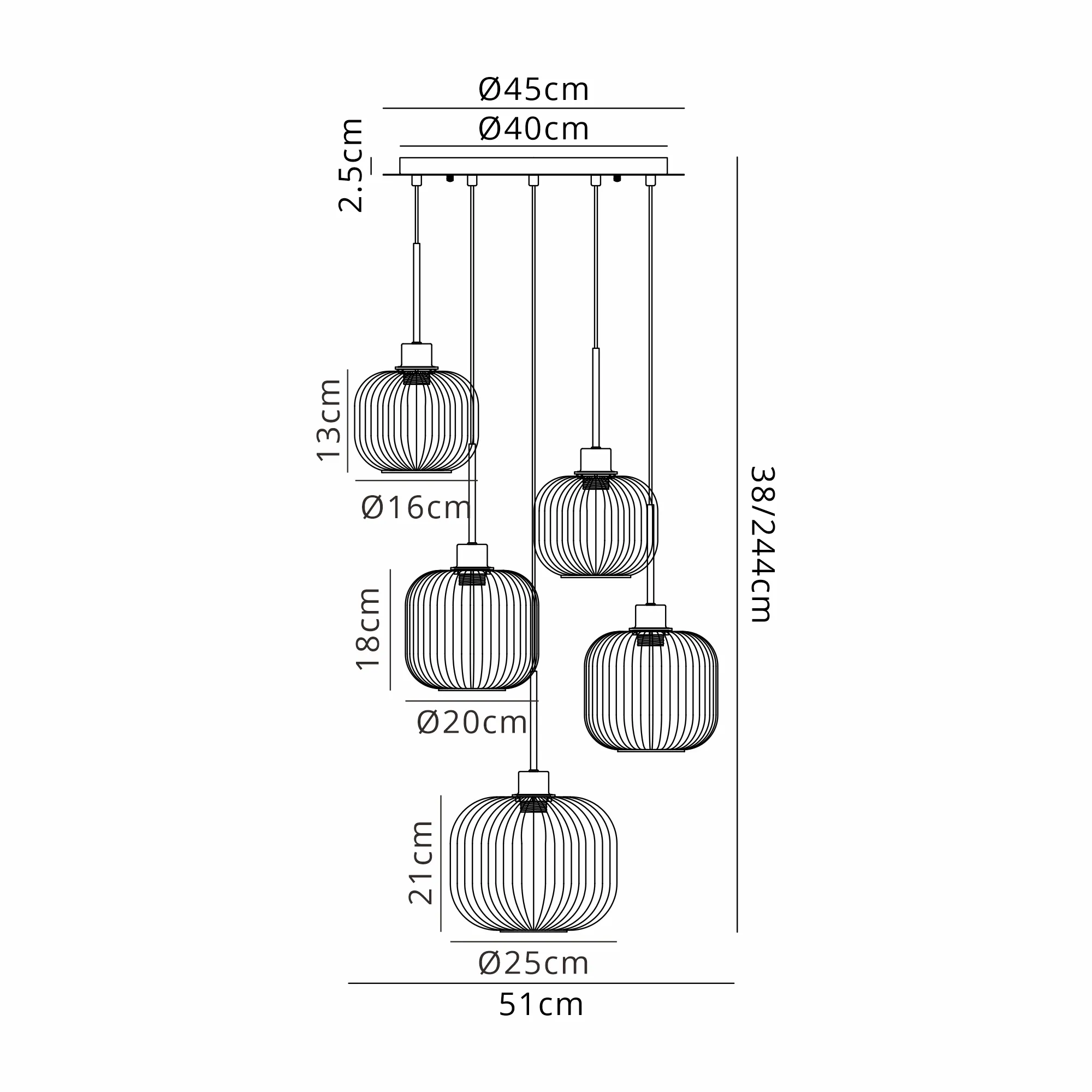 DK1201  Lori cm Round Pendant, 5 Light Adjustable E27, Antique Gold/Green/Petrol Blue/Champagne/Clear/Smoked Pumpkin Ribbed Shades